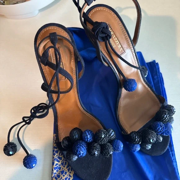 Aquazzura Blue Suede and Sequins Disco Thing Ankle Wrap Sandals Size 40 - Picture 2 of 7